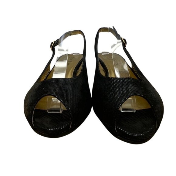Ron White Elaine Onyx Black Geo Embossed Suede Peep Toe Slingback Wedges Size 40 - Picture 2 of 9